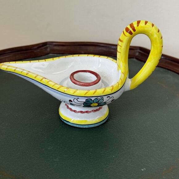 Vintage Italian Candle Holder Floral Aladdin Lamp Ceramic Hand Painted Signed - Picture 6 of 16